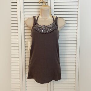 NEW YORK & CO Y2K Ribbed Tank Top Medium Silver Grey Boho Embroidery Grunge NWT